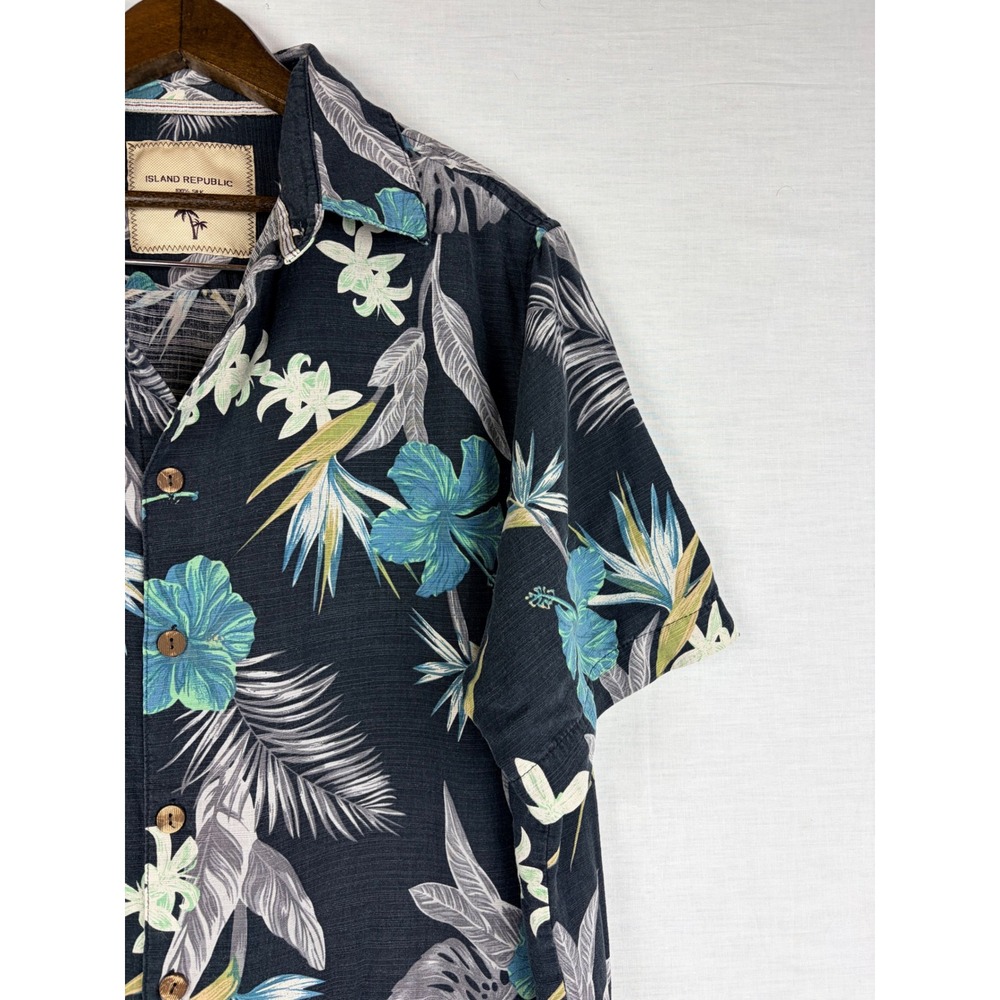 Island‎ Republic Mens XL Silk Tropical Floral Hawaiian Camp Shirt Blue Black - Picture 5 of 10